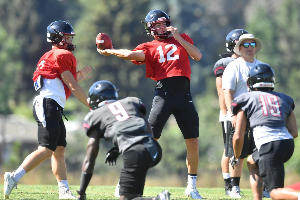Whitworth quarterback Jaedyn Prewitt throws during a college football practice on Aug. 16 in Spokane.  (Tyler Tjomsland/The Spokesman-Review)