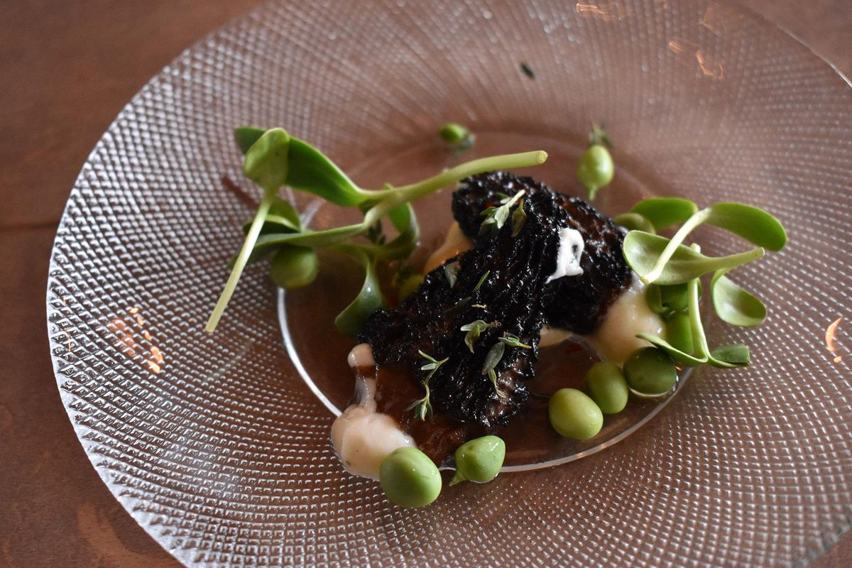 Morels With Baked Brie is served at the Crave Food and Drink Celebration dinner Wednesday, May 29, 2019, in Seattle. (Don  Chareunsy / The Spokesman-Review)