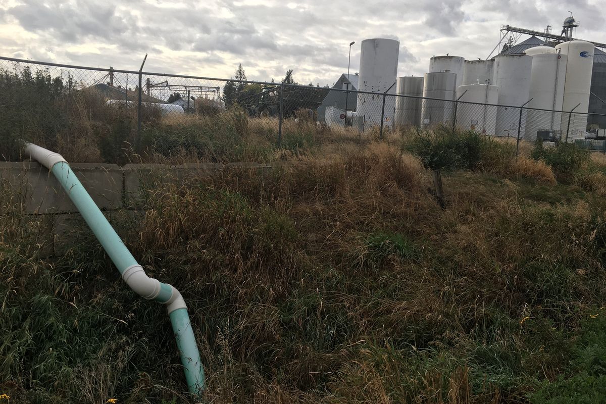 The CHS Primeland facility in Rockford is seen in 2021 sending storm water runoff to nearby Rock Creek. CHS and the Spokane Riverkeeper are planning to clean up stormwater treatment.  (Kip Hill/The Spokesman-Review)