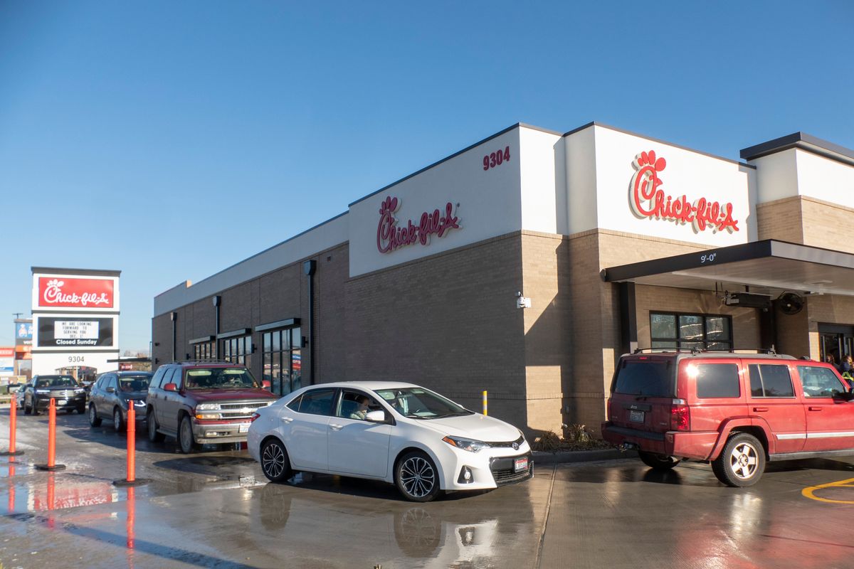 Lines of cars weave through the drive-thru of the Chick-Fil-A fast food restaurant, which opened in December 2020 in north Spokane. A development firm filed a building permit in 2024 with the city to potentially build a Chick-Fil-A on the South Hill at the southwest corner of 29th Avenue and Regal Street.  (Jesse Tinsley/The Spokesman-Review)