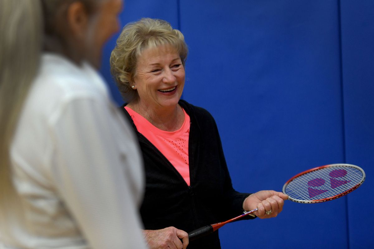 Arnie Saddler smiles as she talks about badminton with the Netchix at Focused Fitness Community Center in Spokane Valley on Wednesday.  (Kathy Plonka/The Spokesman-Review)
