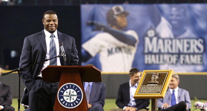 Former Seattle Mariners outfielder Ken Griffey Jr. speaks during a pregame ceremony to induct him into the baseball team's Hall of Fame. (Associated Press)