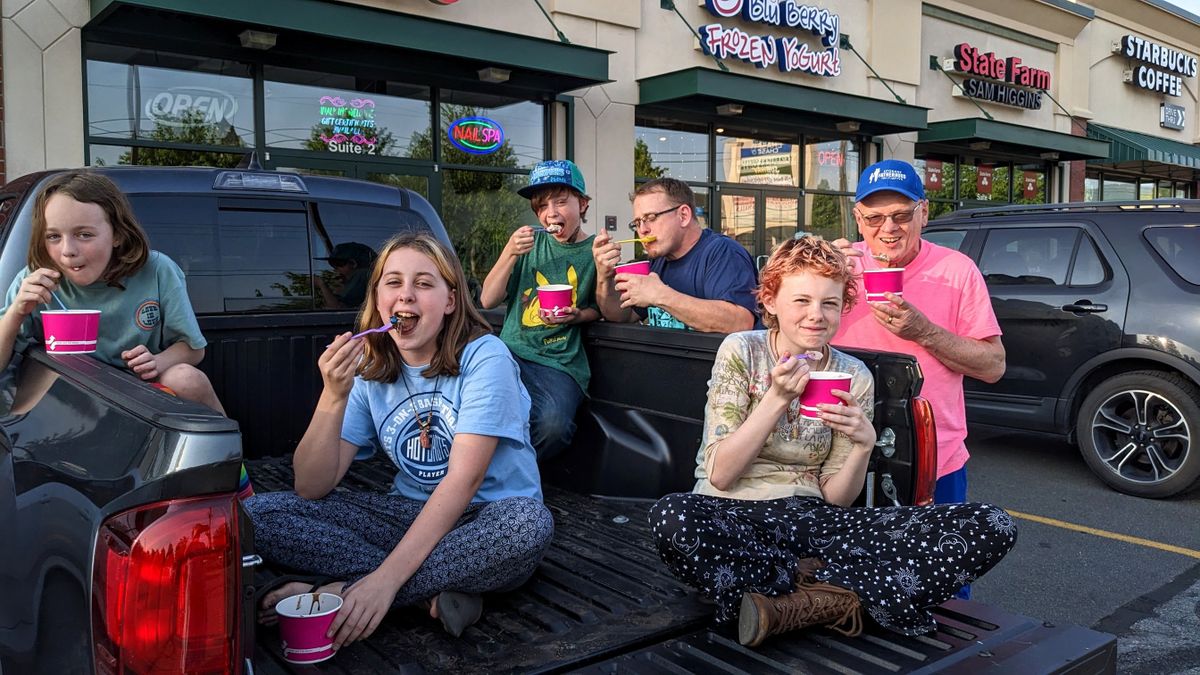 James Tidwell, fourth from the left, and his four children join Spokane Fatherhood Initiative’s Ron Hauenstein for a frozen yogurt stop in early June. Tidwell’s children, left to right, are daughter Kihya, 10; daughter Jazmin, 13; son Blaze, 12; and daughter Nevaeh, 14.  (Courtesy Spokane Fatherhood Initiative)