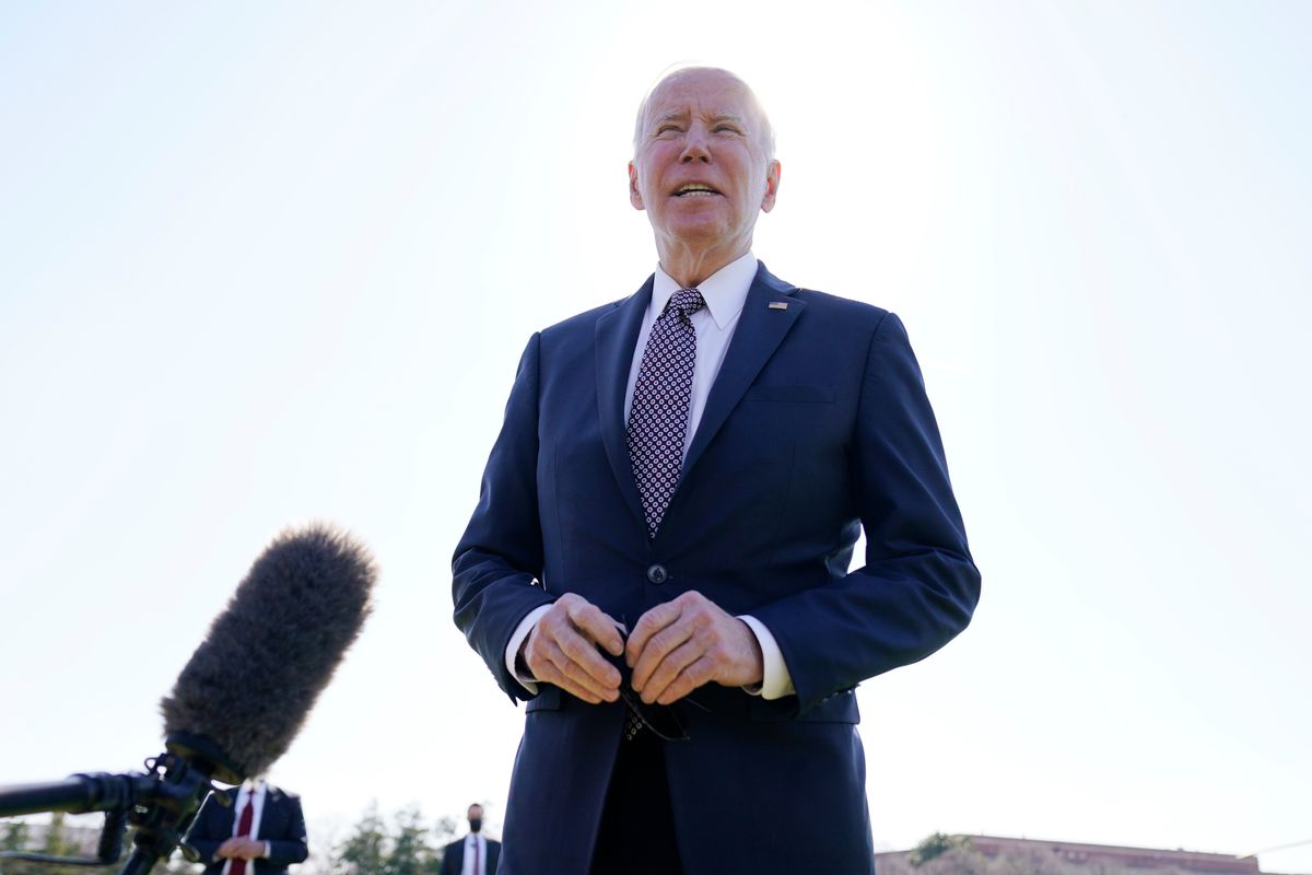 President Joe Biden speaks to the media at Fort Lesley J. McNair, Monday, April 4, 2022, as he returns to Washington and the White House after spending the weekend in Wilmington, Del.  (Andrew Harnik)