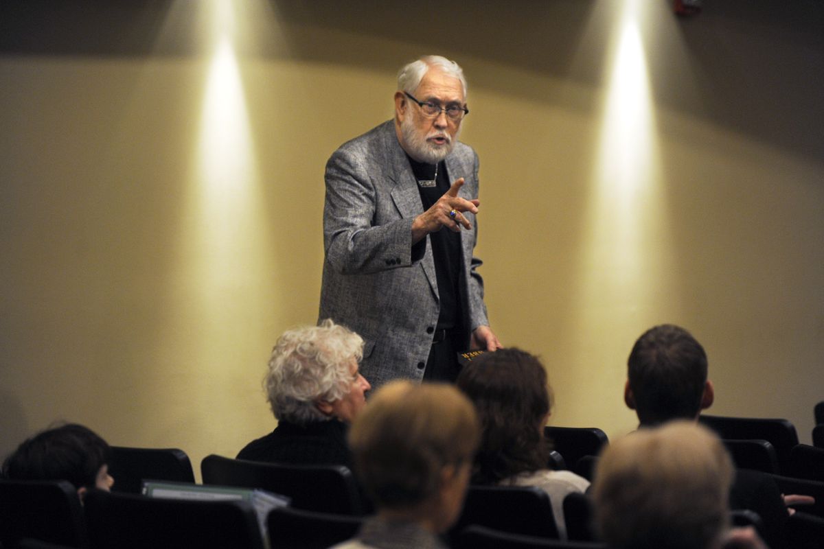Spokane author Bernie Loposer speaks to the Friday Musical group at the MAC on Feb. 26. (CHRISTOPHER ANDERSON)