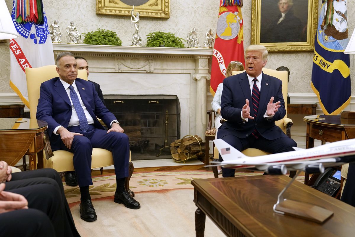 President Donald Trump meets with Iraqi Prime Minister Mustafa al-Kadhimi in the Oval Office of the White House, Thursday, Aug. 20, 2020, in Washington.  (Patrick Semansky)