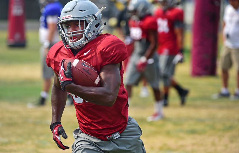 Freshman running back James Williams runs the ball during WSU practice in Lewiston on Thursday. (Tyler Tjomsland)