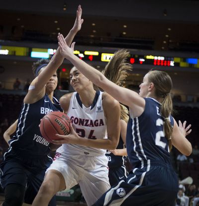 Gonzaga guard Keani Albanez (24) makes her way through the double team defense of BYU guard Xojian Harry (11) and BYU guard Makenzi Morrison (23) in the first half of a WCC women's tournament semifinal basketball game, Mon., March 9, 2015, at the Orleans Arena in Las Vegas, Nevada. (The Spokesman-Review)