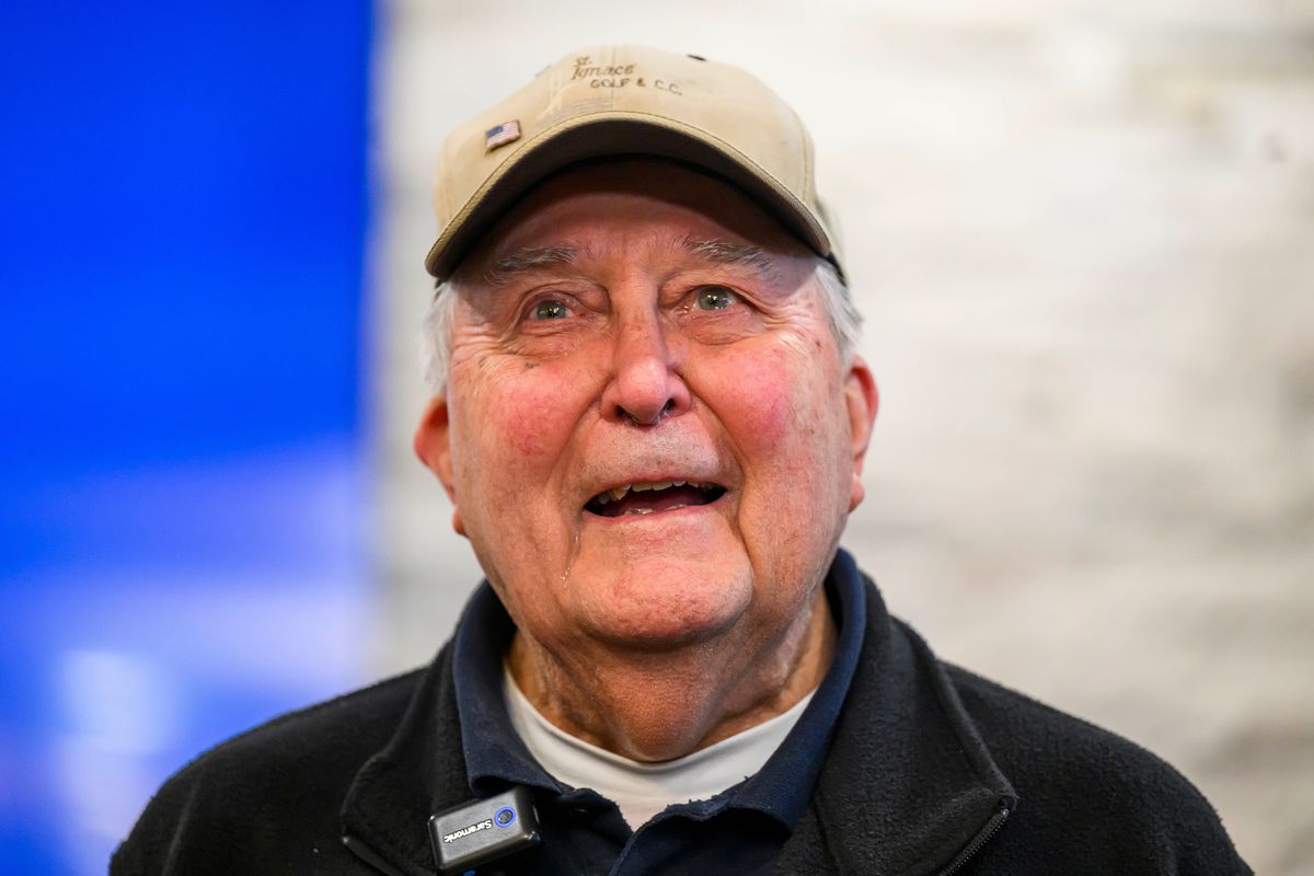 Ed Bambas, an 88-year-old Brighton resident and GM retiree, was teary-eyed Friday after receiving a $1.7 million from a viral Gofundme campaign. The effort was started by influencer Samuel Weidenhofer, who met Bambas while the octogenarian was working his shift in the Meijer in Brighton. Bambas spoke with media at Foguth Financial Group in Brighton.  (Katy Kildee/The Detroit News/TNS)