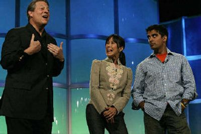 
Former Vice President Al Gore, chairman and co-founder of Current, along with  producers and hosts Laura Ling and Gotham Chopra, present the upcoming independent cable television network, during a preview, last month in Beverly Hills, Calif. 
 (Associated Press / The Spokesman-Review)