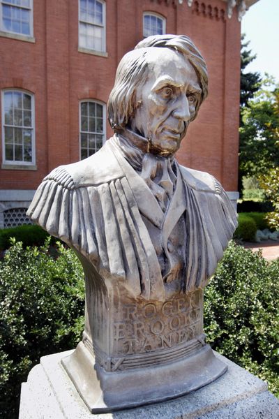 This bust of Roger Brooke Taney, the late Supreme Court chief justice, sits in front of City Hall in Frederick, Md. (Associated Press)