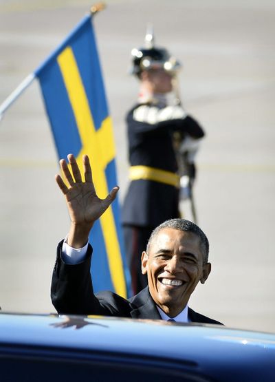 U.S. President Barack Obama arrives at Arlanda Airport in Stockholm, Sweden, on Wednesday. (Associated Press)