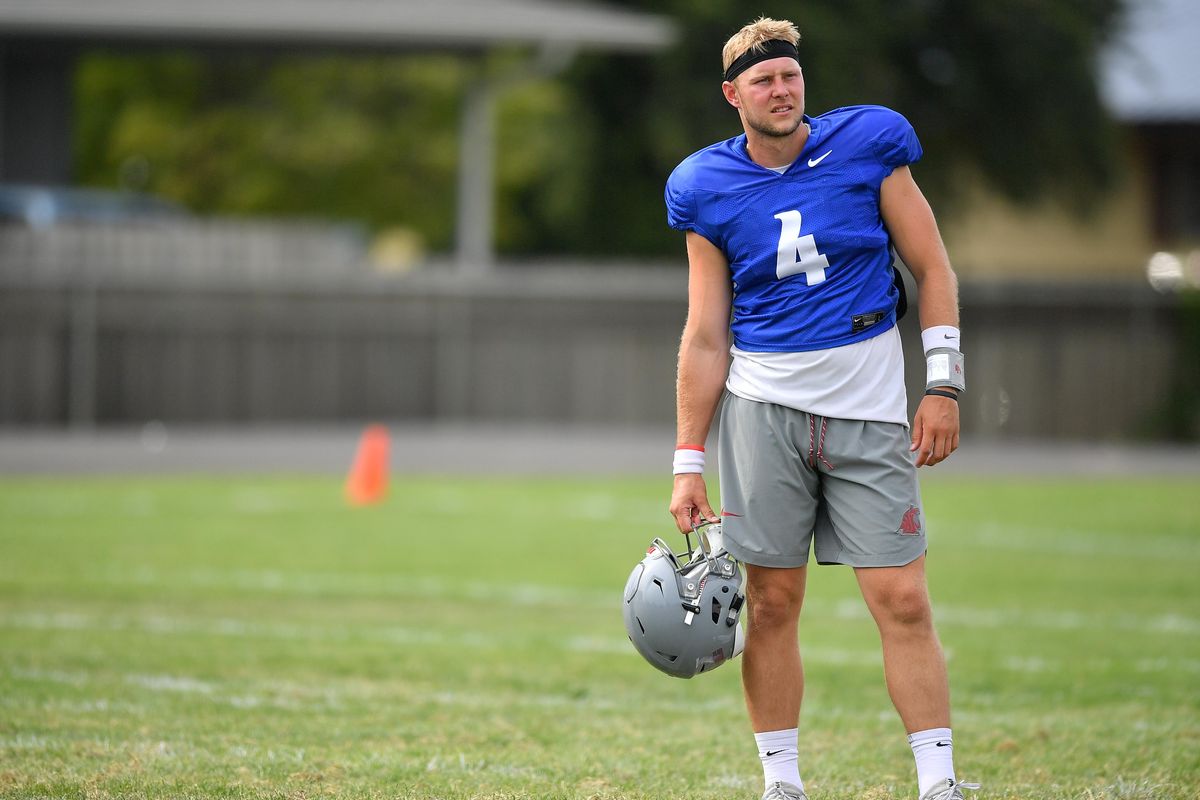 Washington State Cougars quarterback Gage Gubrud (4) pauses during a practice on Wednesday, August 7, 2019, at Sacajawea Jr. High School in Lewiston, ID. (Tyler Tjomsland / The Spokesman-Review)