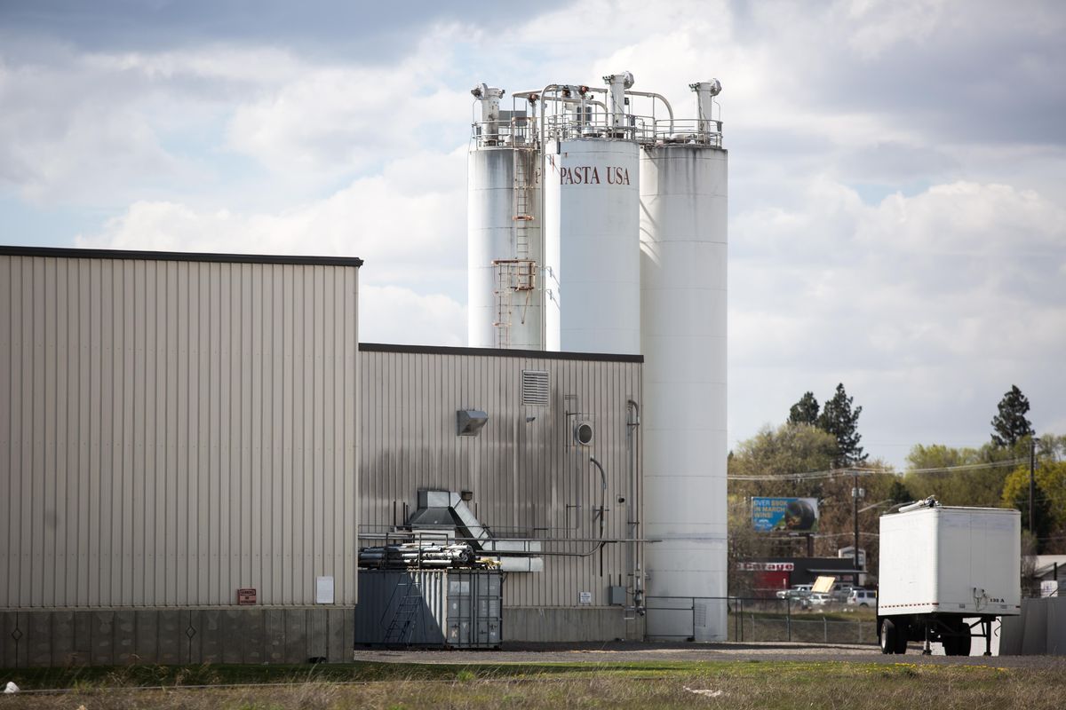 The Philadelphia Macaroni Company processing plant is seen on April 27. The factory, located at 3405 E. Bismark in Spokane, is the site of a COVID-19 outbreak. (Libby Kamrowski / The Spokesman-Review)