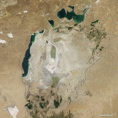 The Aral Sea in 2015. The body of water has shrunken in size dramatically in recent years due to water withdrawals from rivers that feed it. (NASA Earth Observatory / Courtesy)