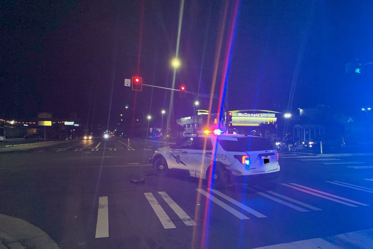 A Washington State Patrol trooper’s vehicle was struck on Tuesday night.  (Courtesy of Washington State Patrol)