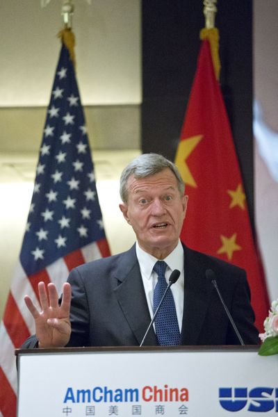 U.S. Ambassador to China Max Baucus speaks in Beijing on Wednesday. He said he will prioritize efforts to deepen China-U.S. trade ties. (Associated Press)