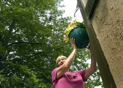 
Riverfront Park horticulturalist Kacey Burke hangs a basket of flowers at the  park. Burke is about to undergo a kidney transplant as the result of polycystic kidney disease. 
 (CHRISTOPHER ANDERSON / The Spokesman-Review)