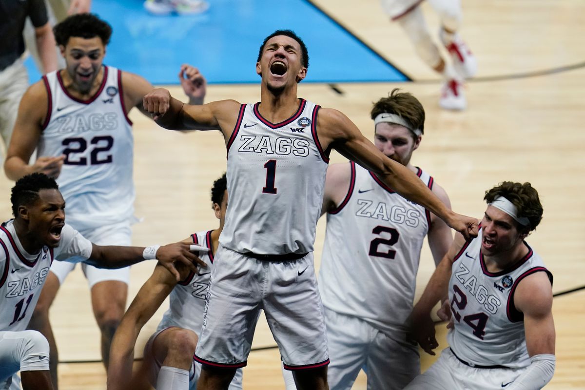 Gonzaga guard Jalen Suggs (1) celebrates making the game winning basket against UCLA during overtime in a men