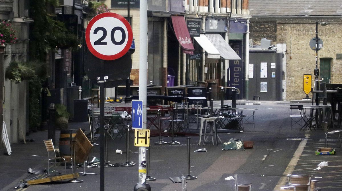 In this June 7, 2017 file photo, debris from Saturday’s attack in Borough Market, London, remain in the street. The jihadis’ targets are depressingly repetitive: the Brussels metro (twice), Paris’ Champs-Elysees (twice) and tourist-filled bridges in London (twice). And that’s just the past few months. (Markus Schreiber / Associated Press)