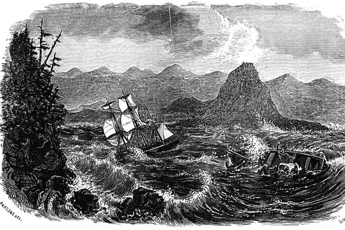 An early 1800s engraving shows the ship Tonquin carrying John Jacob Astor’s seagoing party to establish the first American colony on the West Coast. The ship is crossing the Columbia Bar, which blocks the entrance to the river and remains one of the most hazardous stretches of water in the world.