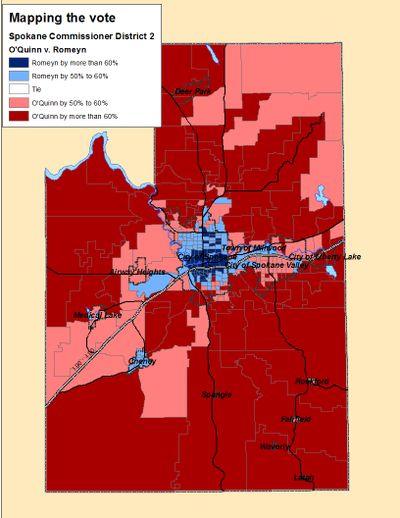 Map of the Election Night totals in the race for Spokane County Commissioner District 2 (Jim Camden)