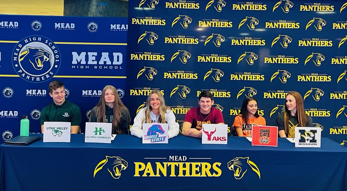 Mead had six student-athletes sign letters of intent at the school on Wednesday, Nov. 8, 2023. From left: Cole Statin (Utah Valley baseball), Brielle Wilson (Cal Poly-Humboldt volleyball), Teryn Gardner (Boise State basketball), Sam Moore (Yakima Valley baseball), Raegan Borg (Idaho State track), Charlotte Cullen (University of Missouri cross country and track).    (Mead Athletics/courtesy)