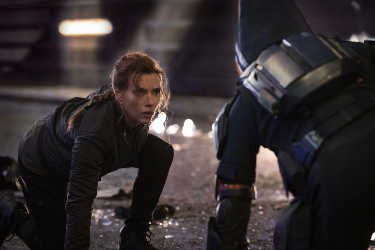 This image released by Marvel Studios shows Scarlett Johansson in a scene from "Black Widow."  (Jay Maidment)