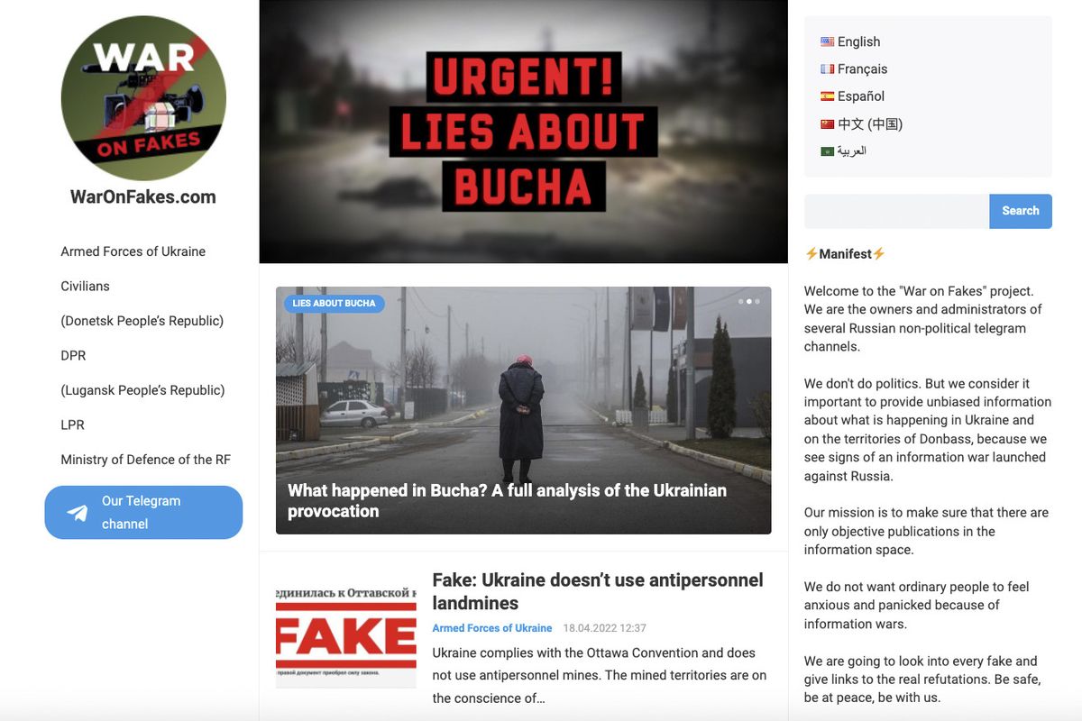 This is a screenshot from the website WarOnFakes.com that is spreading disinformation about the war in Ukraine. Russian embassies and consulates around the world are prolifically using Facebook, Twitter and other platforms to deflect blame for atrocities while seeking to undermine the international coalition supporting Ukraine.  (HONS)