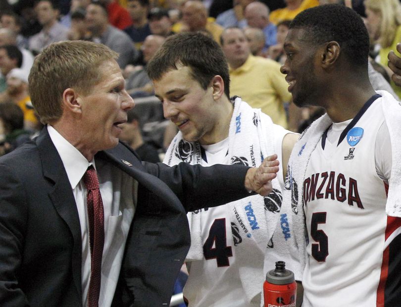 Mark Few congratulates his two young freshmen, Kevin Pangos, left, and Gary Bell, Jr. in their first NCAA tournament back in 2012.