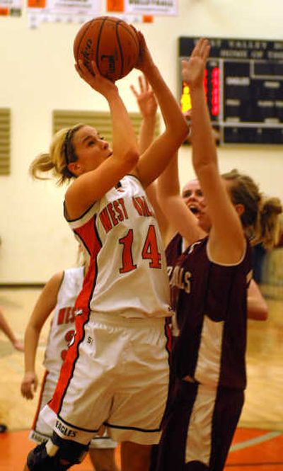 
West Valley's Melissa Mauro drives against Medical Lake defender Ariel Jones.
 (Jesse Tinsley / The Spokesman-Review)
