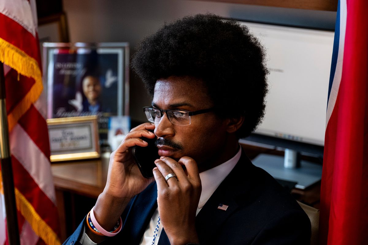 State Rep. Justin Pearson, a Democrat, talks on the phone after a new congressional map was unveiled by Republican legislators in Nashville on Wednesday, May 6, 2026. The new map is likely to scramble existing congressional races, including the Democratic primary between Rep. Steve Cohen (D-Tenn.) and Pearson. (Brad J. Vest/The New York Times) (BRAD J. VEST)