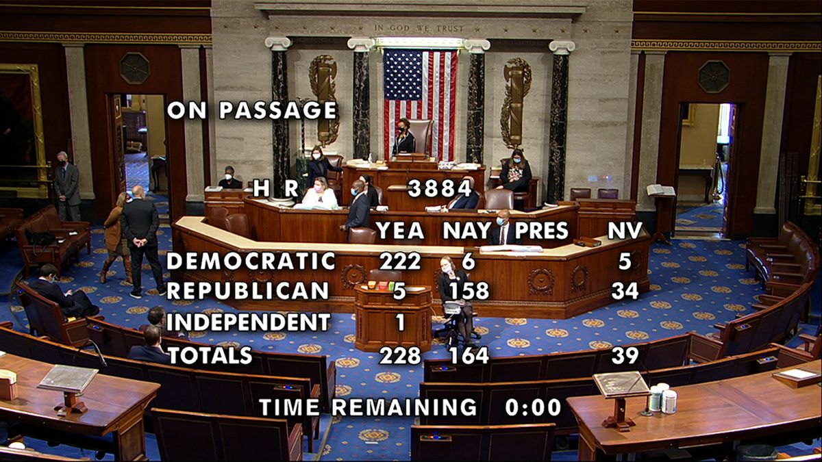This image from House Television shows the final vote, 228-164, in the House on passage of a bill to decriminalize and tax marijuana at the federal level. The bill now goes to the Republican-controlled Senate, where it is unlikely to move forward. (HOGP)