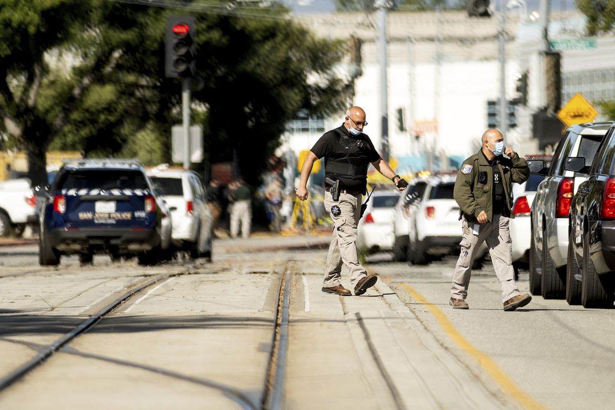 Law enforcement officers respond to the scene of a shooting at a Santa Clara Valley Transportation Authority (VTA) facility on Wednesday, May 26, 2021, in San Jose, Calif. Santa Clara County sheriff