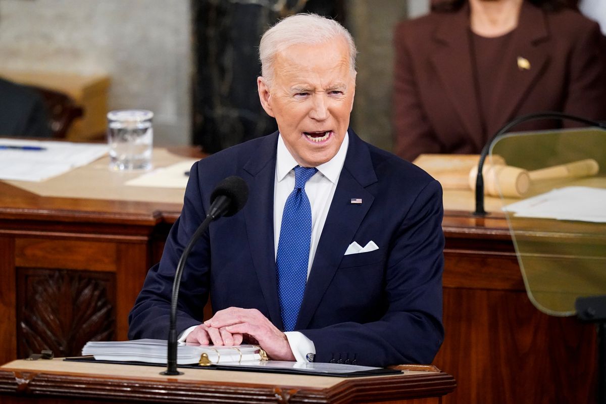 President Joe Biden delivers his State of the Union address to a joint session of Congress at the Capitol, Tuesday, March 1, 2022, in Washington, as Vice President Kamala Harris and Speaker of the House Nancy Pelosi of Calif., look on. (Jabin Botsford)