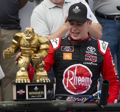 Christopher Bell celebrates in Victory Lane after winning the NASCAR Xfinity Series, Saturday, May 4, 2019, at Dover International Speedway in Dover, Del. (AP Photo/Jason Minto) ORG XMIT: DEJM152 (Jason Minto / AP)