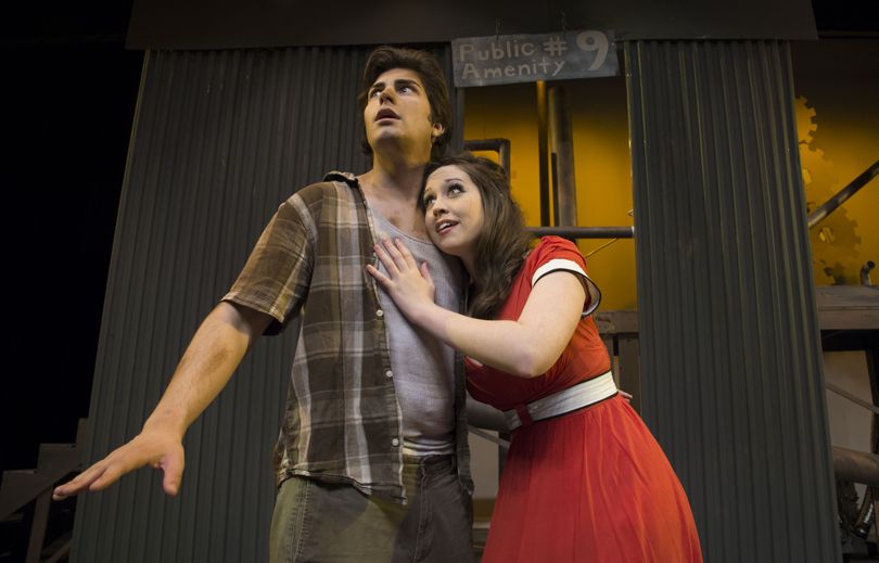 Making a scene: Quinn Johnson, who plays Bobby Strong, and Shelby Horton, who plays Hope, in the University High School drama department production of “Urinetown” perform a scene during a dress rehearsal March 29 at U-Hi. The play opens April 11. See Page 2 for details and a photo of the cast. (Colin Mulvay)