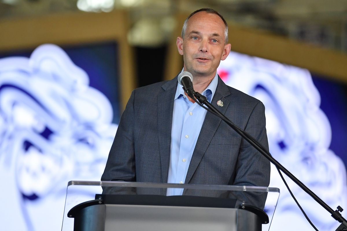 Gonzaga’s incumbent Athletic Director Chris Sandiford speaks during a press conference to announce AD Mike Roth’s retirement and introduce Standiford as his successor on Tuesday, June 8, 2021, at McCarthey Athletic Center in Spokane, Wash.  (Tyler Tjomsland/The Spokesman-Review)