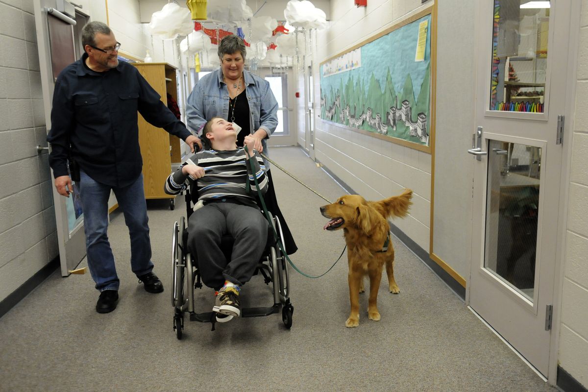 Dylan Long takes Adams the Therapy Dog for a walk down the Barker High School hallway with para pro Ron Polley, and, Comprehensive Medical Intervention teacher, Lynne Kovacich, during school, Tues., March 8, 2011. Lynne has been using the male Golden Retriever in her classroom for the past two years. J. (J. Rayniak / The Spokesman-Review)