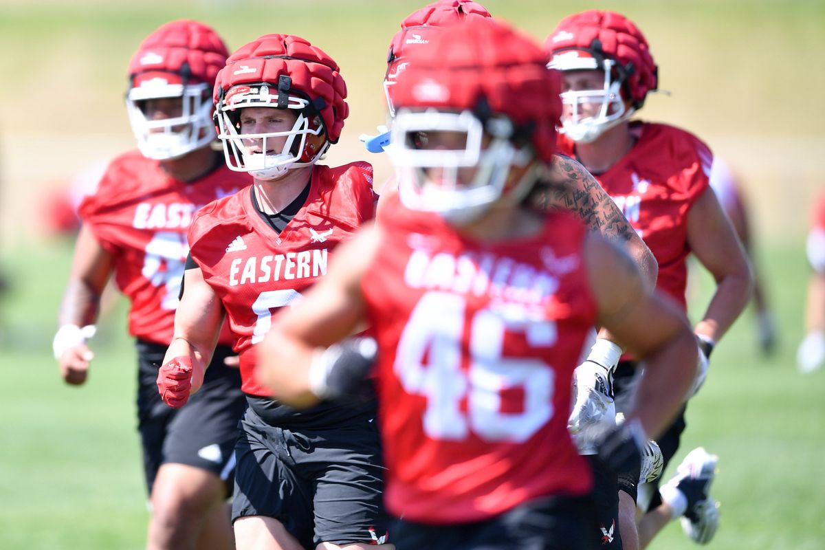 Eastern Washington Eagles linebacker Jaren Banks (6) runs during the first of EWU’s fall practices on Thursday, Aug. 3, 2023, at EWU in Cheney, Wash.  (Tyler Tjomsland/The Spokesman-Review)