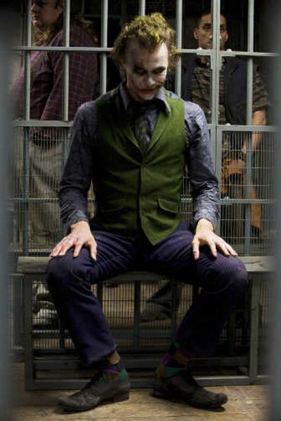 
This undated publicity photo provided by Warner Bros. shows Heath Ledger as the Joker in the upcoming Warner Bros. and Legendary Pictures action drama 