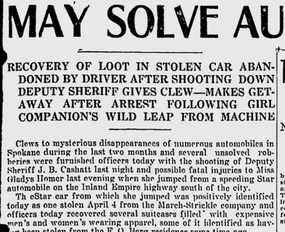 On this day 100 years ago, a posse of law enforcement were looking for Charles Reed in Rosalia, after Reed shot and injured a motorcycle officer in a string of crimes that began with Gladys Homer leaping from a stolen car in Spokane.  (S-R archives)