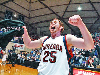 
David Pendergraft celebrates after the Bulldogs defeated Santa Clara 77-68 in the West Coast Conference championship game at the Chiles Center in Portland on March 5. 
 (File photos: Associated Press,   Craig Mitchelldyer Special to / The Spokesman-Review)