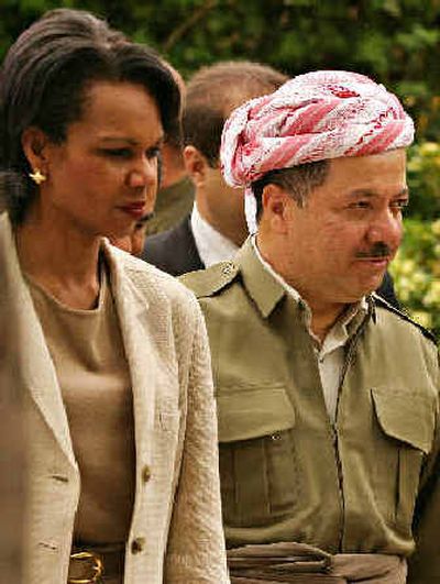 
Condoleezza Rice walks with Kurdish Democratic Party leader Massoud Barzani in Irbil, Iraq, on Sunday. 
 (Associated Press / The Spokesman-Review)