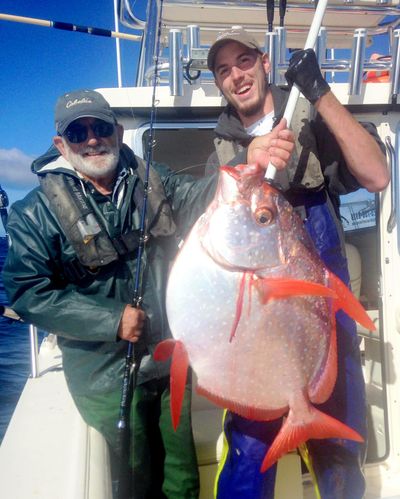 Jim Watson, left, landed pending record moonfish while tuna fishing out of Westport.