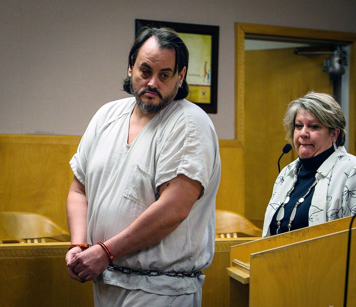 In this Feb. 15, 2019 photo, Zachary David O’Neill, left, walks into court with his lawyer Kris Copenhaver for his arraignment on charges of attempted murder and rape in Billings, Mont. On Friday, Aug. 23, 2019 O’Neill, 39, is expected to be sentenced to life in prison after pleading guilty last month to murder and the attempted killing and rape of another victim during the same time period. (Adam Fondren / Billings Gazette)