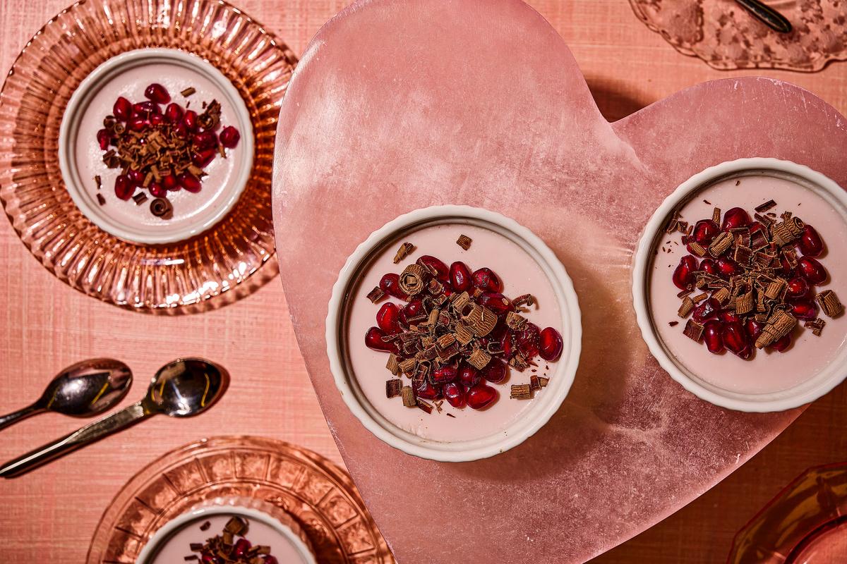 Raspberry Yogurt Panna Cotta With Pomegranate and Chocolate.  (Photos by Lauren Bulbin; food styling by Carolyn Robb/Washington Post)