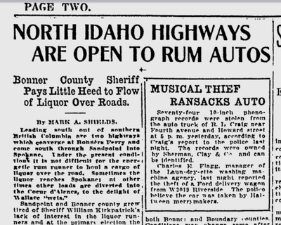 Mark A. Shields wrote in the Spokane Daily Chronicle 100 years ago today that Bonner County officials were doing little to stanch the flow of illegal booze from Canada into the region.  (S-R archives)