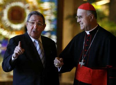
Cuba's President Raul Castro talks with Cardinal Tarcisio Bertone, Vatican's Secretary of State, in Havana on Tuesday. Associated Press
 (Associated Press / The Spokesman-Review)
