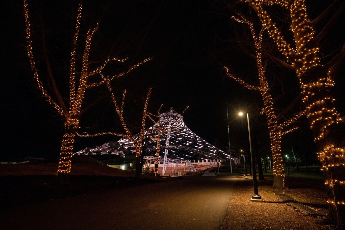 LED panel lights shine bright on the U.S. Pavilion in Riverfront Park on Jan. 20, 2021.  (COLIN MULVANY/THE SPOKESMAN-REVIEW)